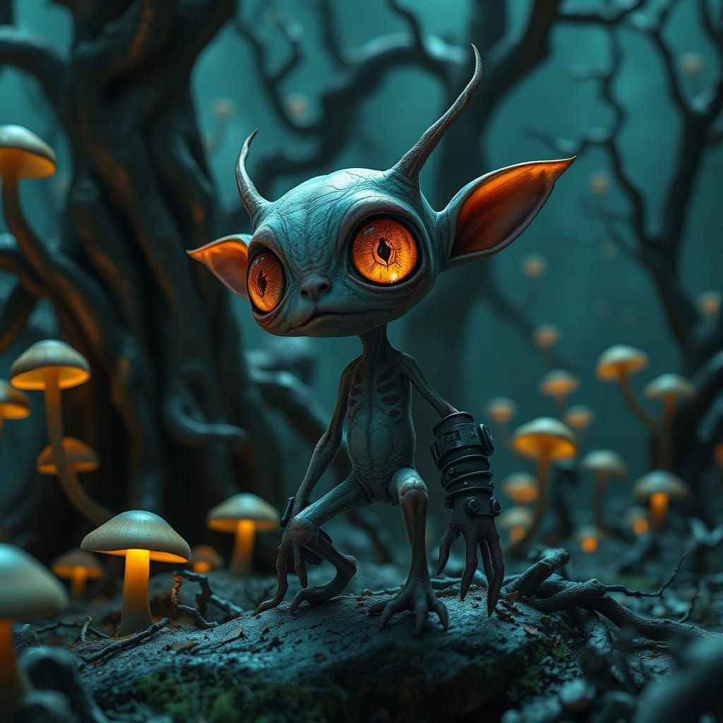 Whimsical Horror Creature in Haunting Fantasy Landscape