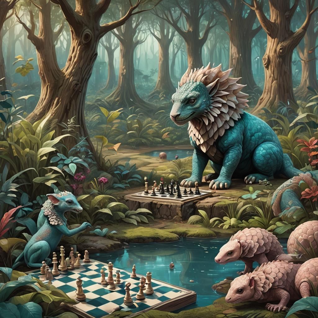 Enchanted Forest Chess Match: Sphinx and Chimera