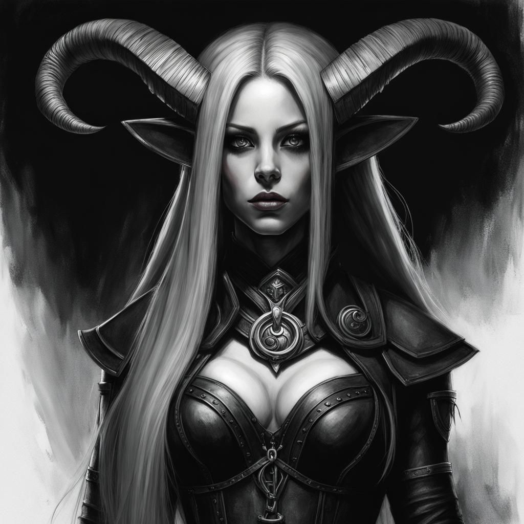 Tiefling Charcoal Sketch in Dramatic Lighting