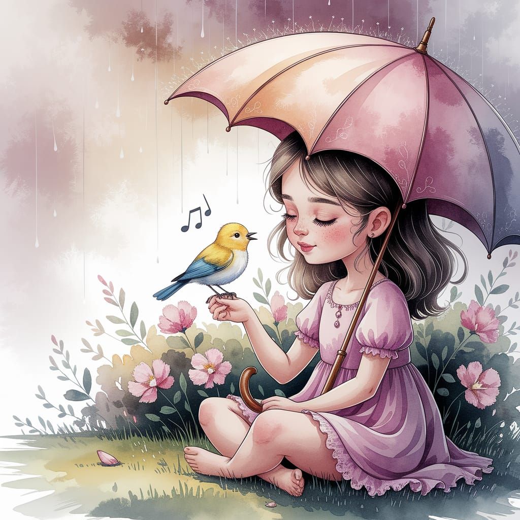 Girl with Bird: Whimsical Watercolor Illustration