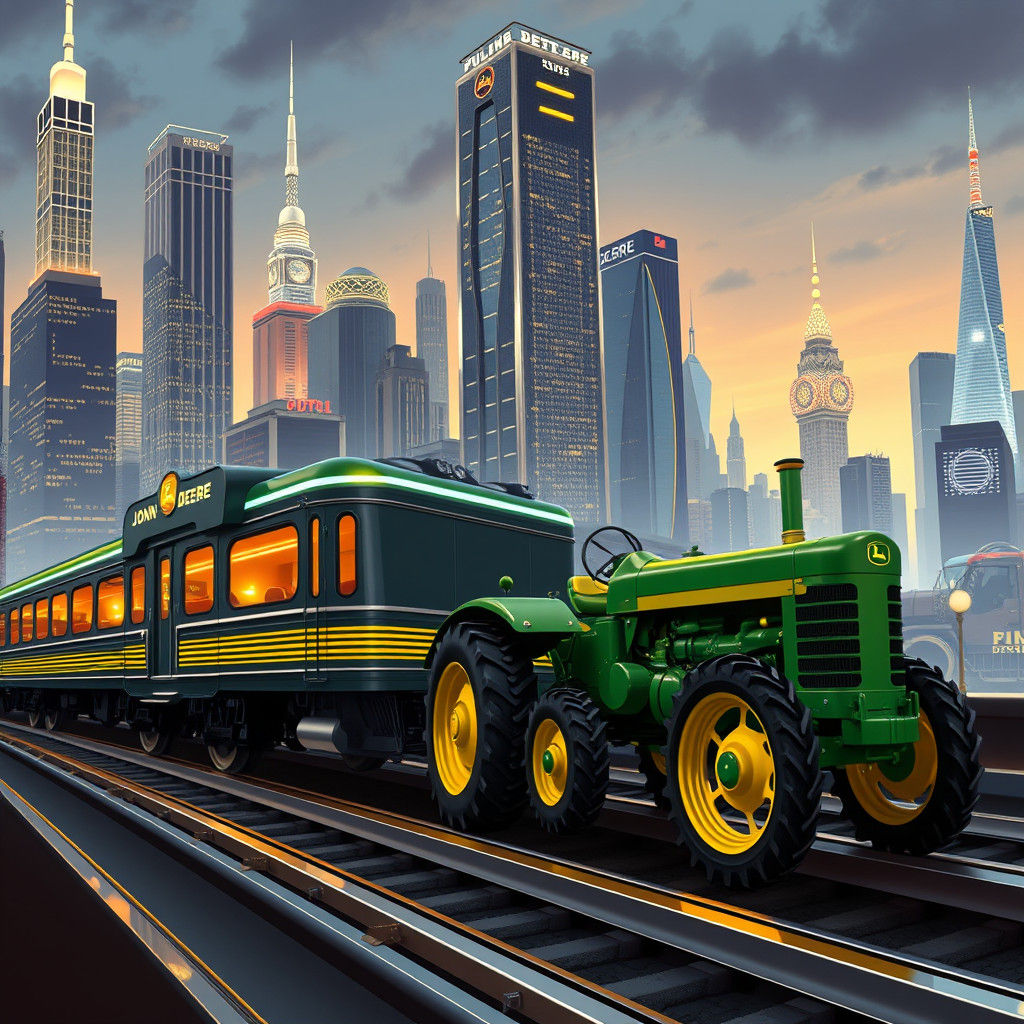 Retro-Futuristic Cityscape with Vintage Train and Tractor