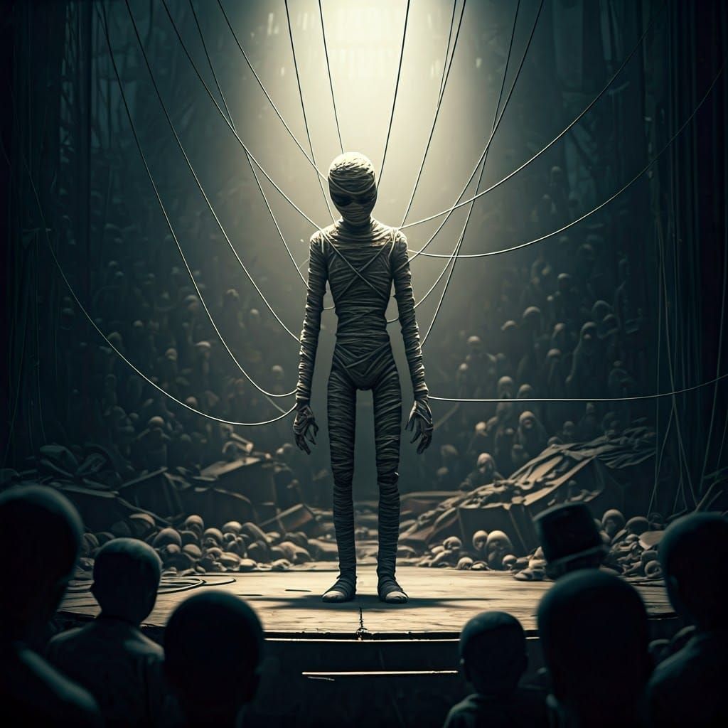 Despondent String Puppet Unraveling on Junkyard Stage