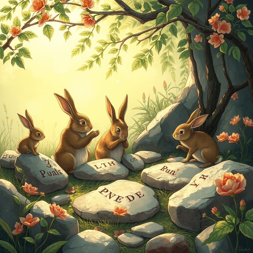Rabbits Deciphering Runes in Sunlit Clearing