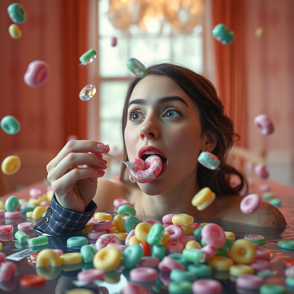 Woman in Wonder at a Sea of Floating Candy
