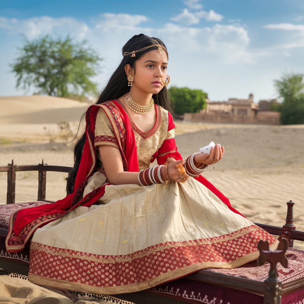 Beautiful Girl in Rajasthani Dress on Charpai
