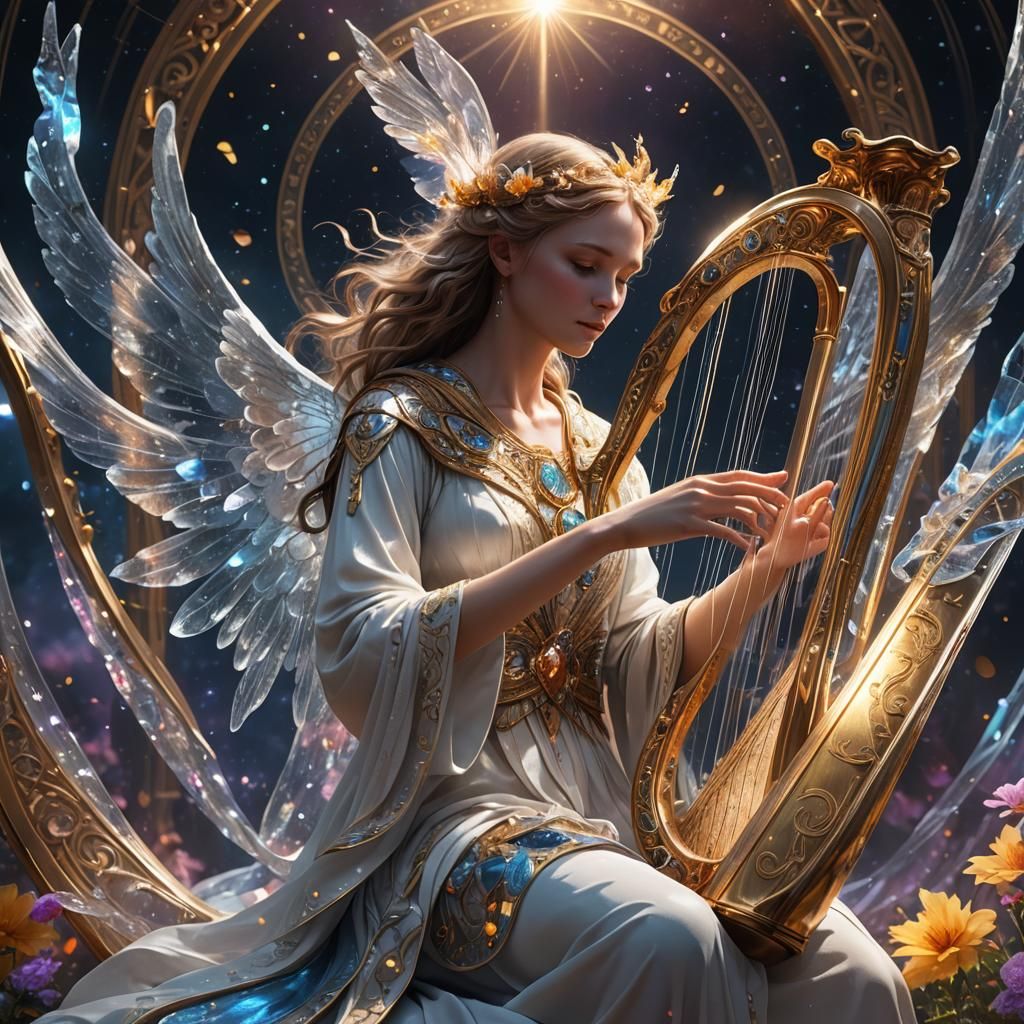 Angelic Figure Playing Crystal Harp