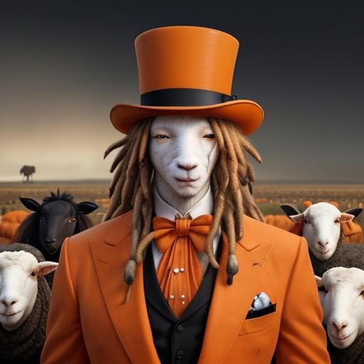 Anthropomorphic Sheep with Dreadlocks in Orange Suit