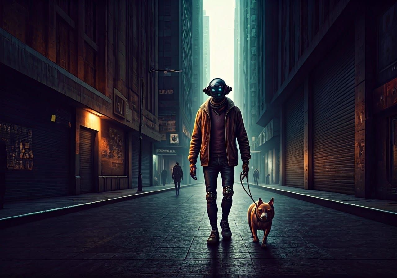Futuristic Robot Walking a Dog in a Retrofuturistic City