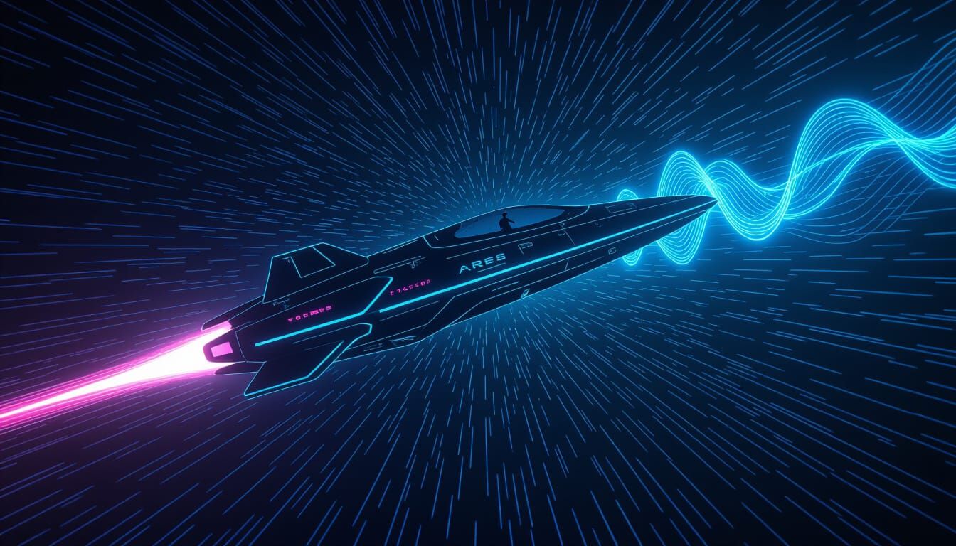 Sleek Sci-Fi Spaceship Navigates Neon Space in Cyberpunk Sty...