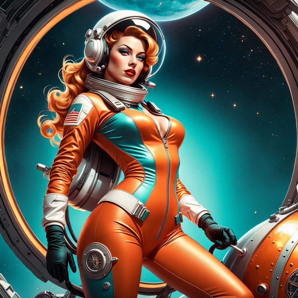 Retro Pinup Astronaut in Space Futurism