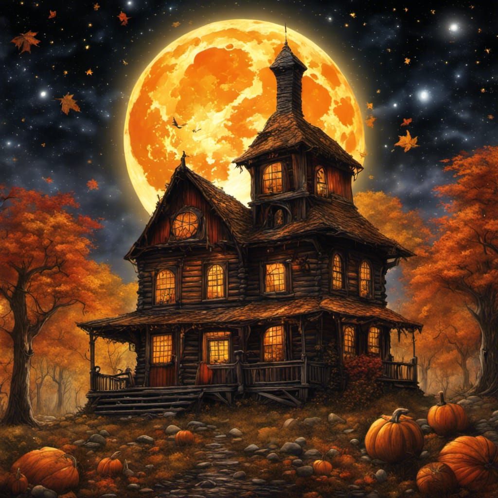 High Gothic Autumn Cabin Under Harvest Moon