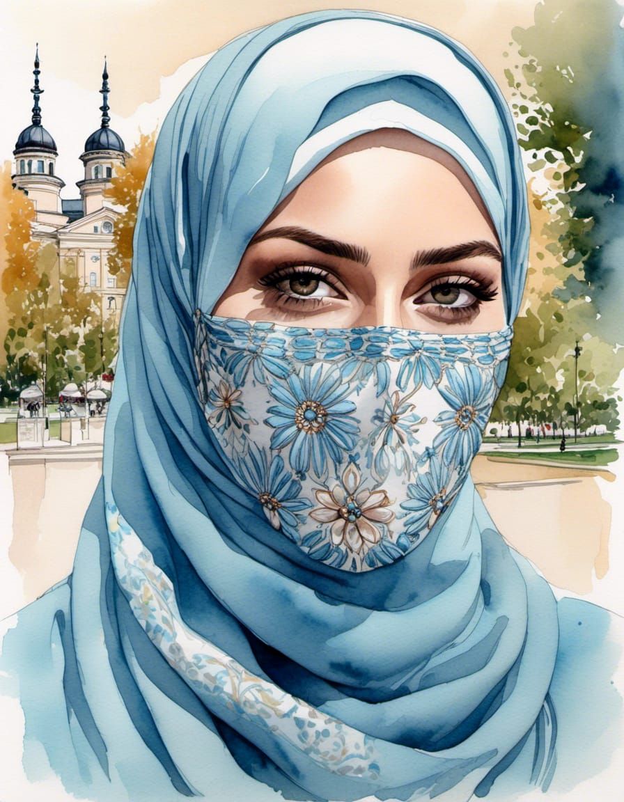 Hijabi Woman Portrait in Watercolor Style