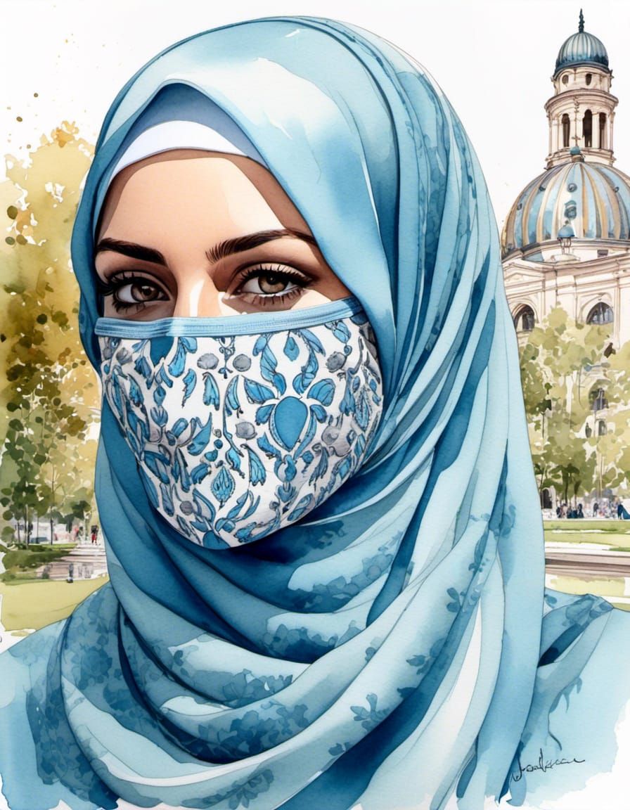 Watercolor Portrait of Woman in Hijab and Facemask