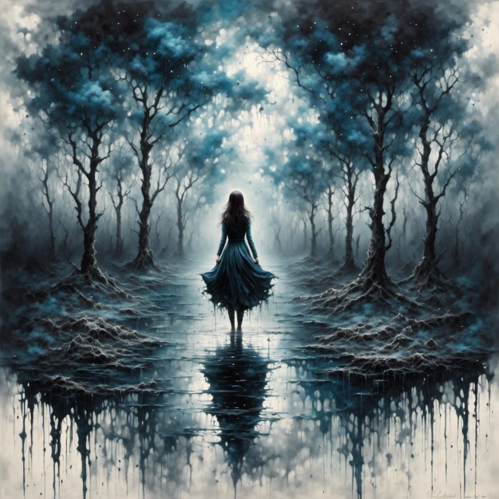 Lonesome Girl by Lake: Watercolor of Sadness