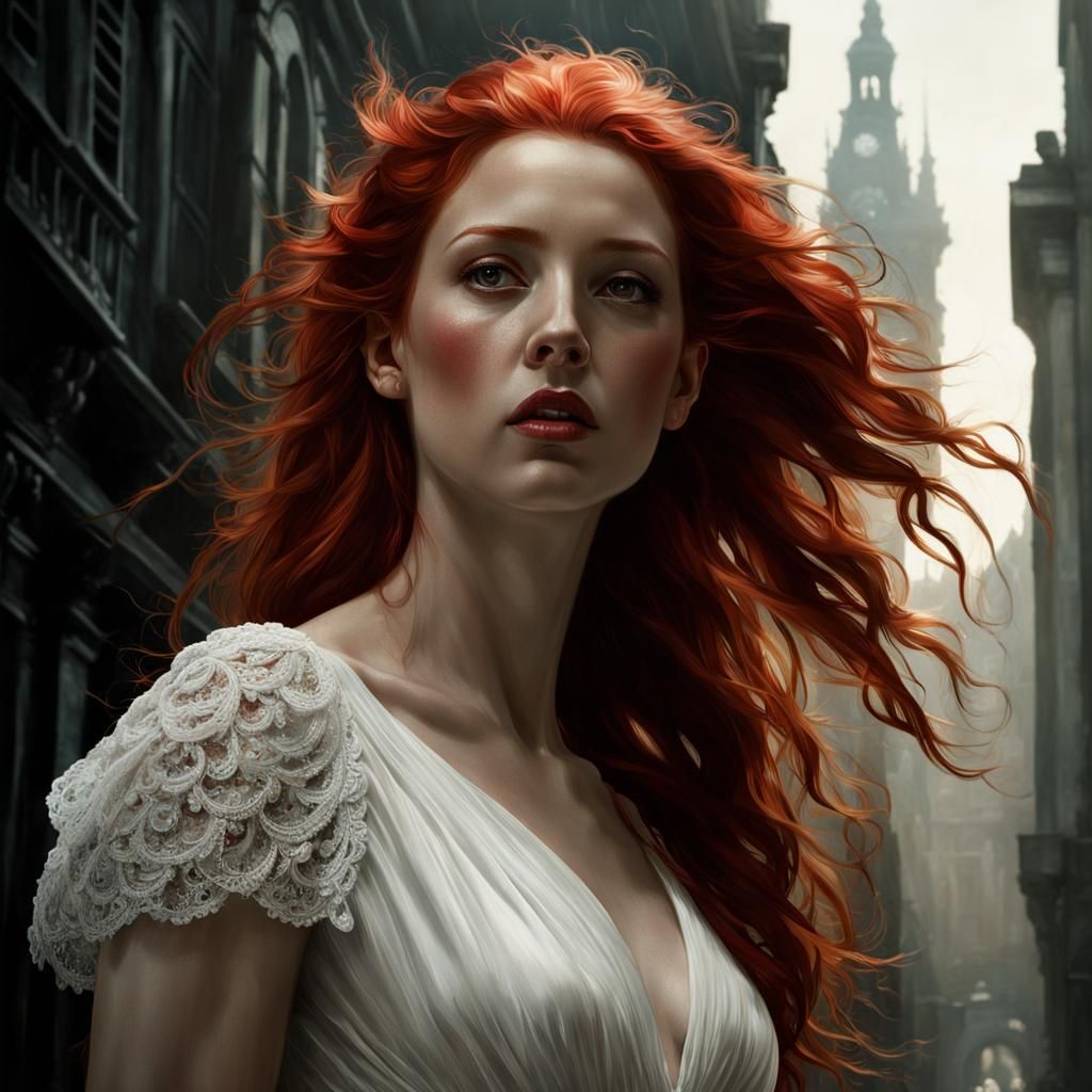 Red-Haired Woman in White Dress, Hyperrealistic Masterpiece