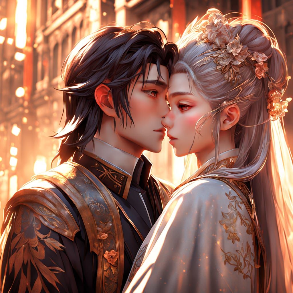 Romantic Anime Art Couple Embracing in City Sunlight