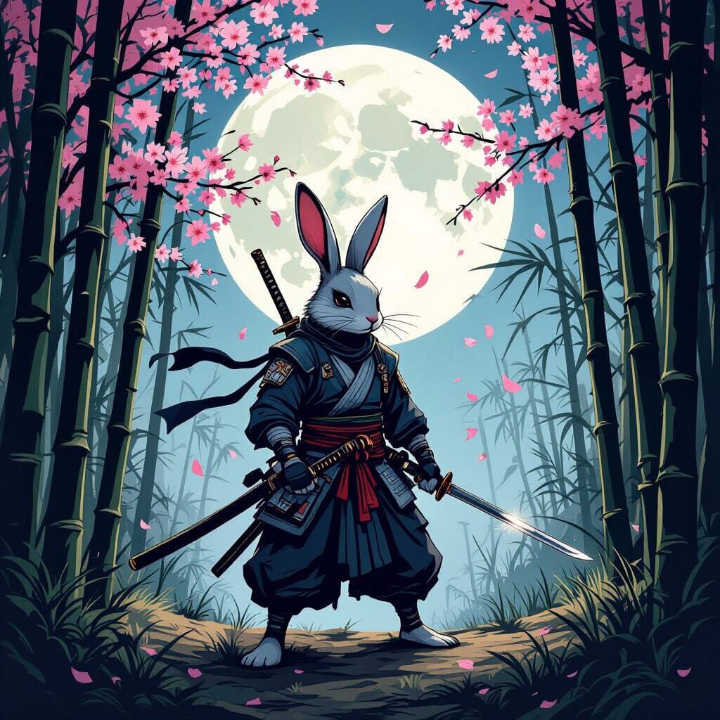 Ninja Rabbit Guarding Bamboo Forest in Japanese Print Style