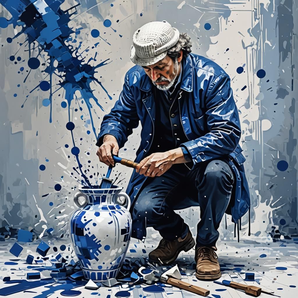 A strange man smashed a beautiful Delft Blue vase into small pieces.