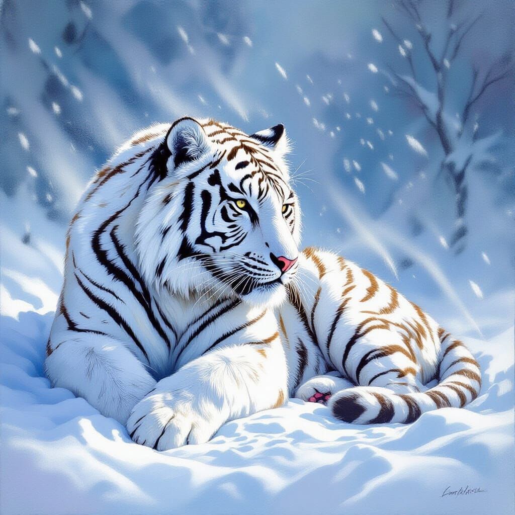 Snow Tiger in Fierce Blizzard, Oil Pastel Style