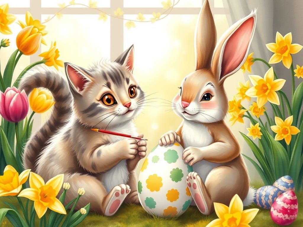Whimsical Garden Scene of Cats and Easter Bunnies Painting E...