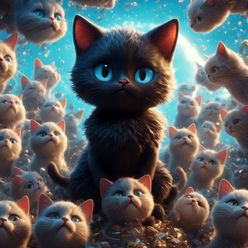 Black Cat with Blue Eyes Surrounded by Cats