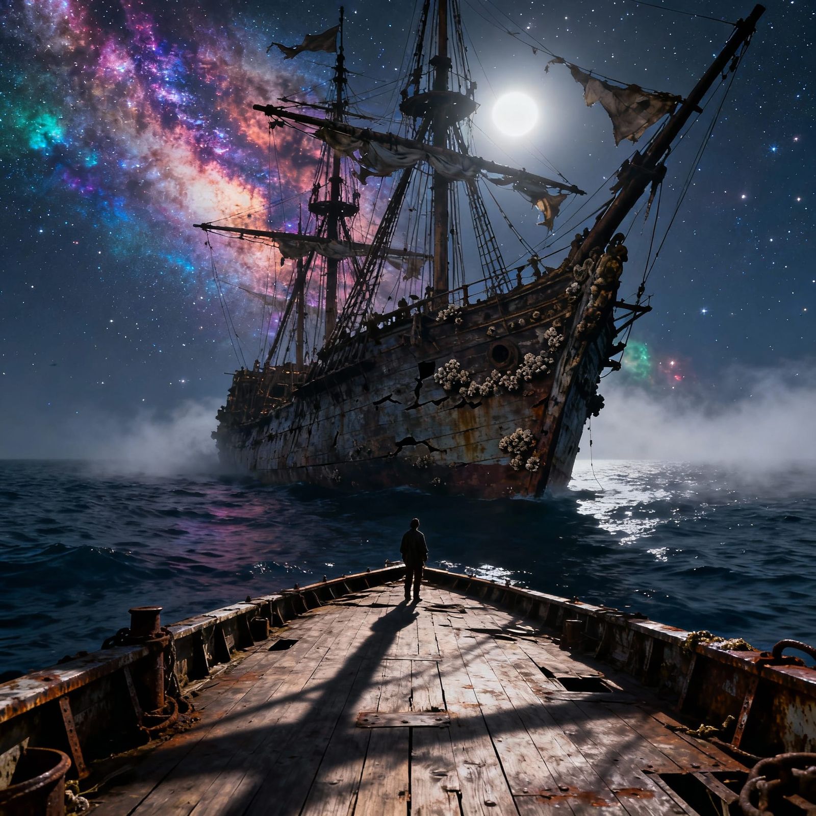 Ancient Sailing Ship Adrift Under Nebulae Sky