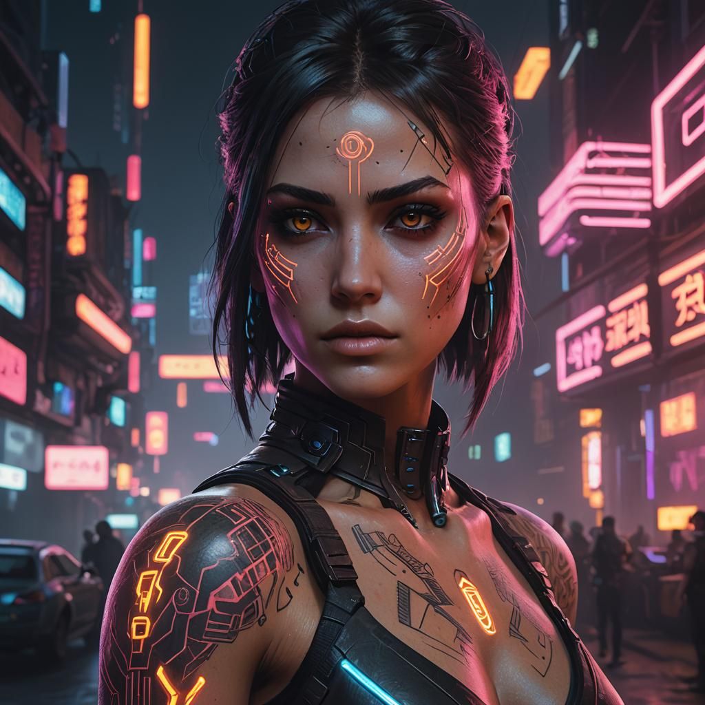 Girl with Glowing Tattoos and Cyber Eye in Cyberpunk Style