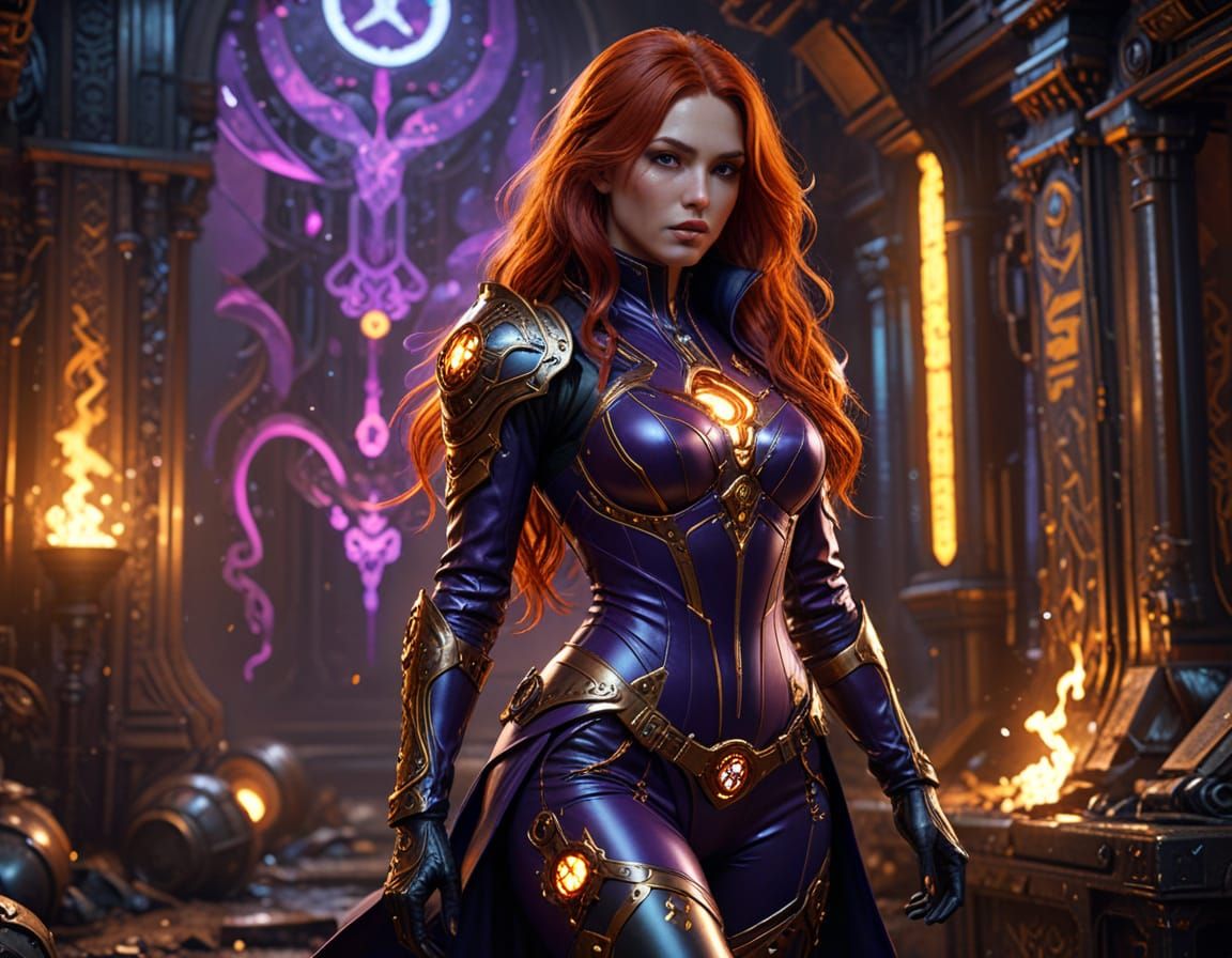 Comics style: 25 year old woman with very long red hair, lat...