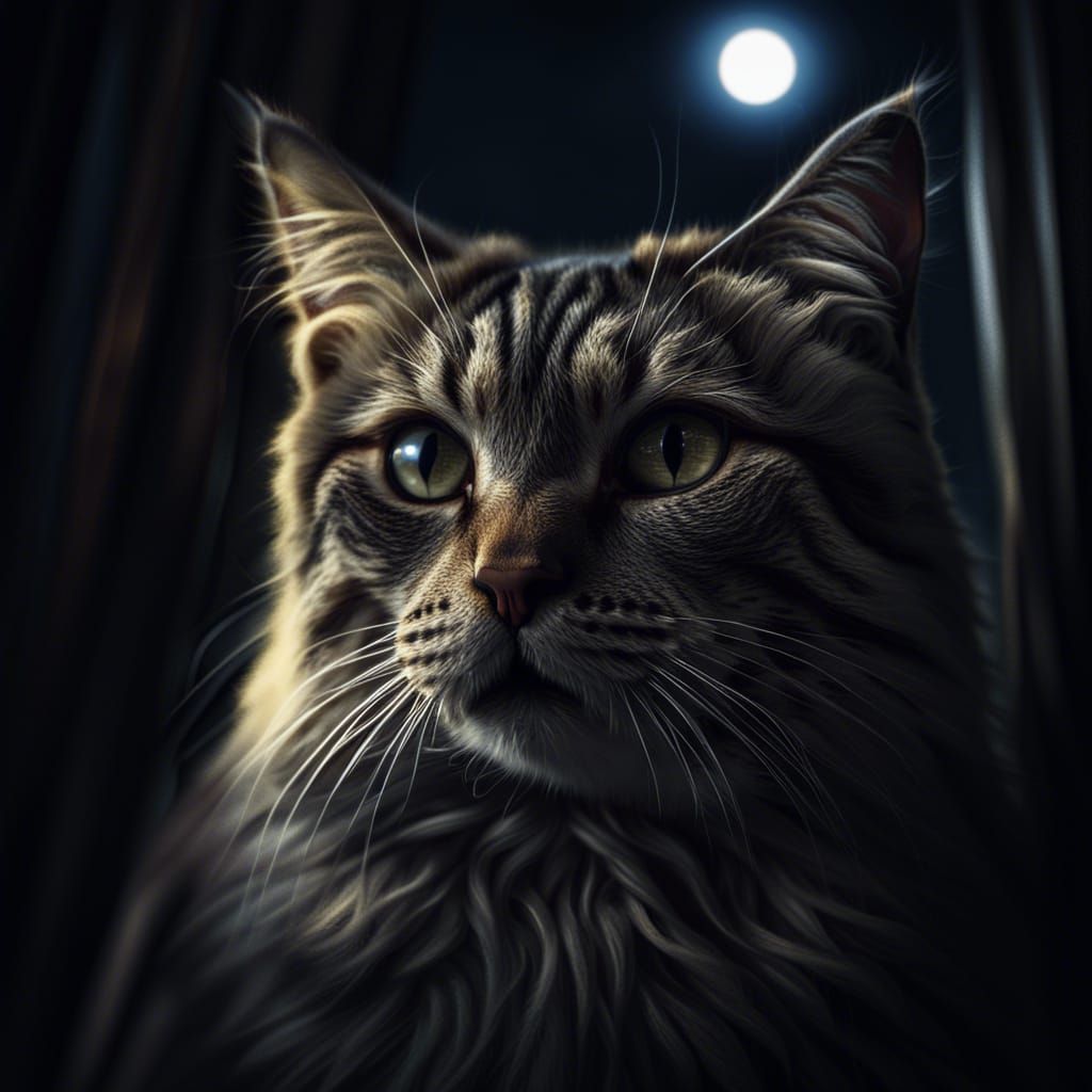 Moonlit Cat Portrait in Hyperrealistic Style