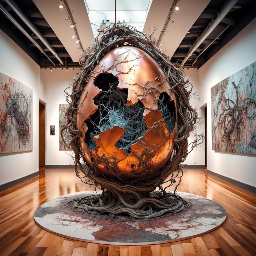 Metallic World Egg Sculpture in Graffiti Style