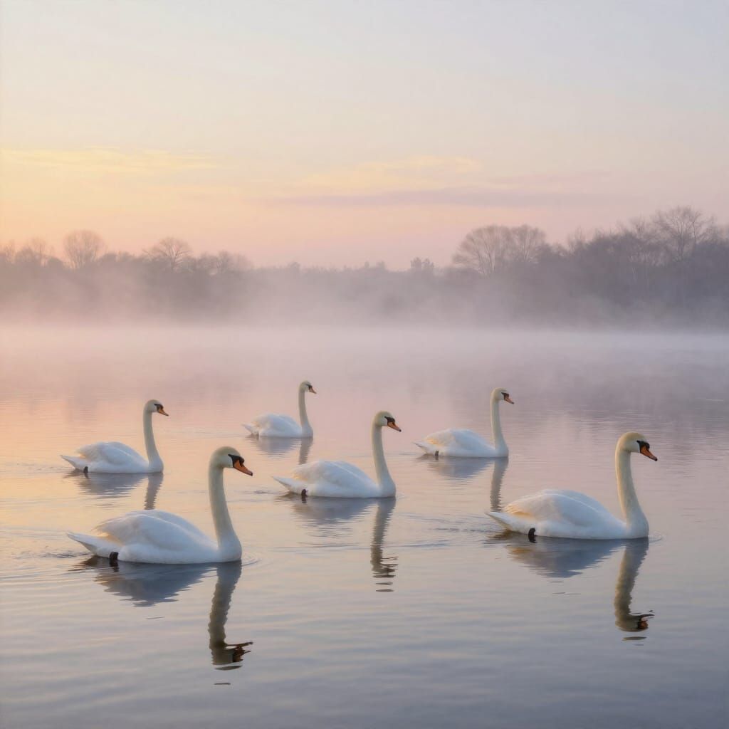 Majestic Swans on Tranquil Lake at Dawn Oil Painting