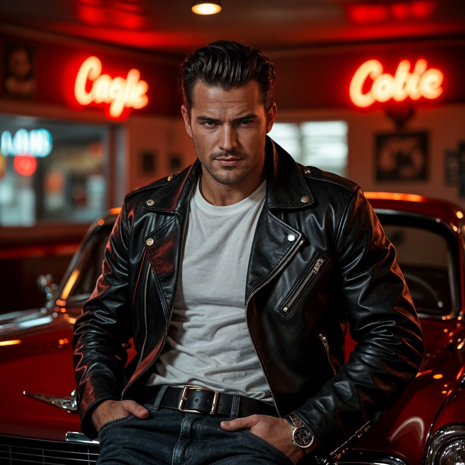 Charismatic Greaser in Diner in Film Noir Style