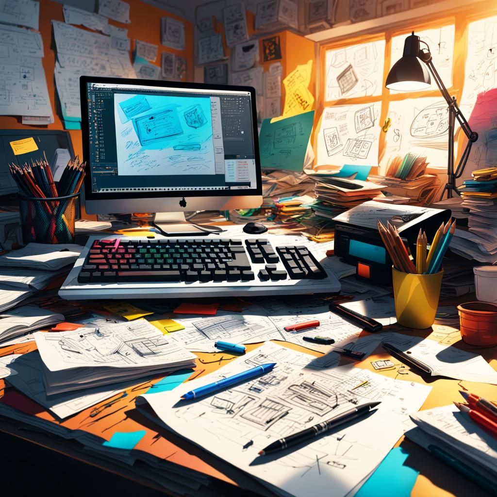 Hyperrealistic Computer Scene in Cluttered Desk Setting