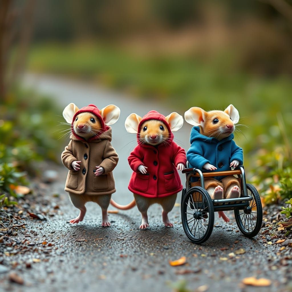 Whimsical Mice and Canine Companion on Dewy Path