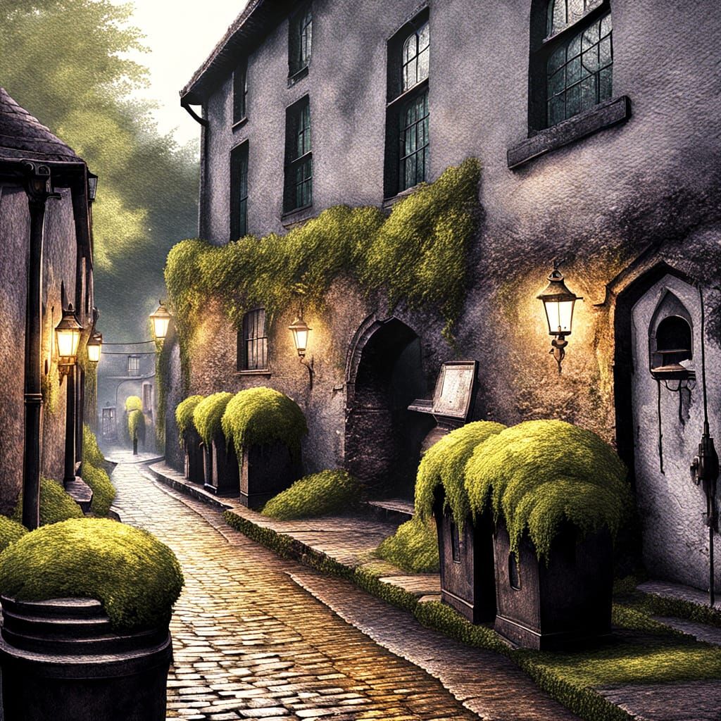 Shadowy Figures in Eerie Alleyway Oil Painting