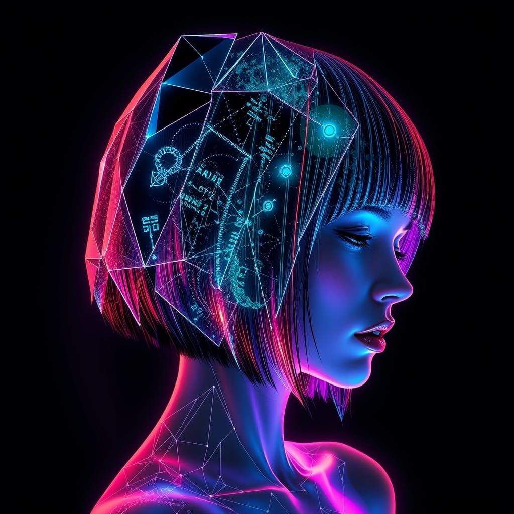 Cyberpunk Woman with Fiber Optic Hair Displaying Data