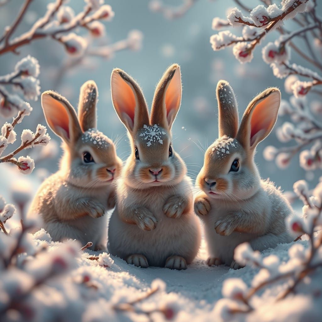 Whimsical Winter Wonderland: Adorable Bunnies in Frosty Hush