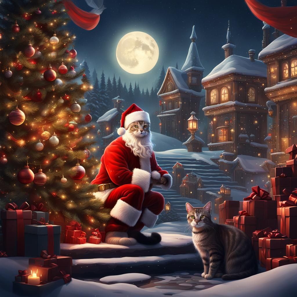 Cat Meets Santa Claus: Detailed Fantasy Art