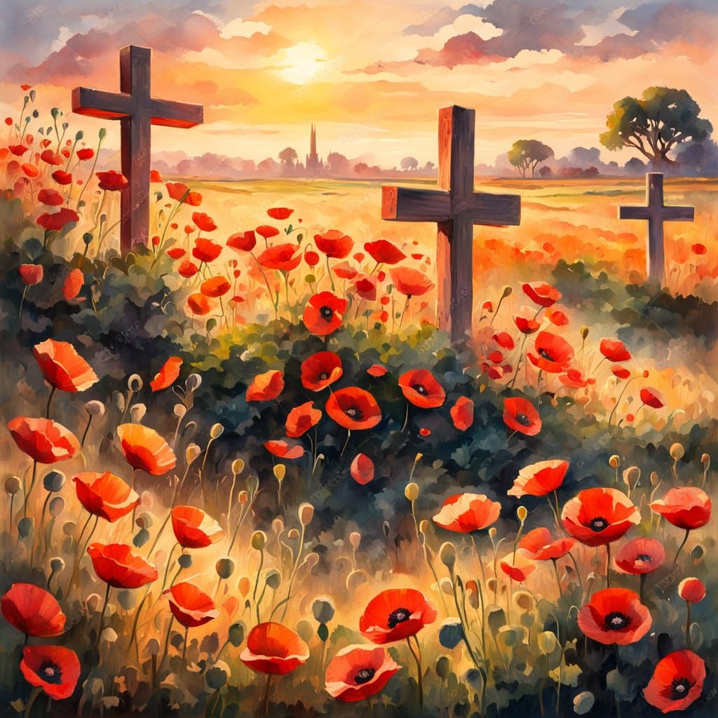 Poppies Between Crosses in Golden Hour Light