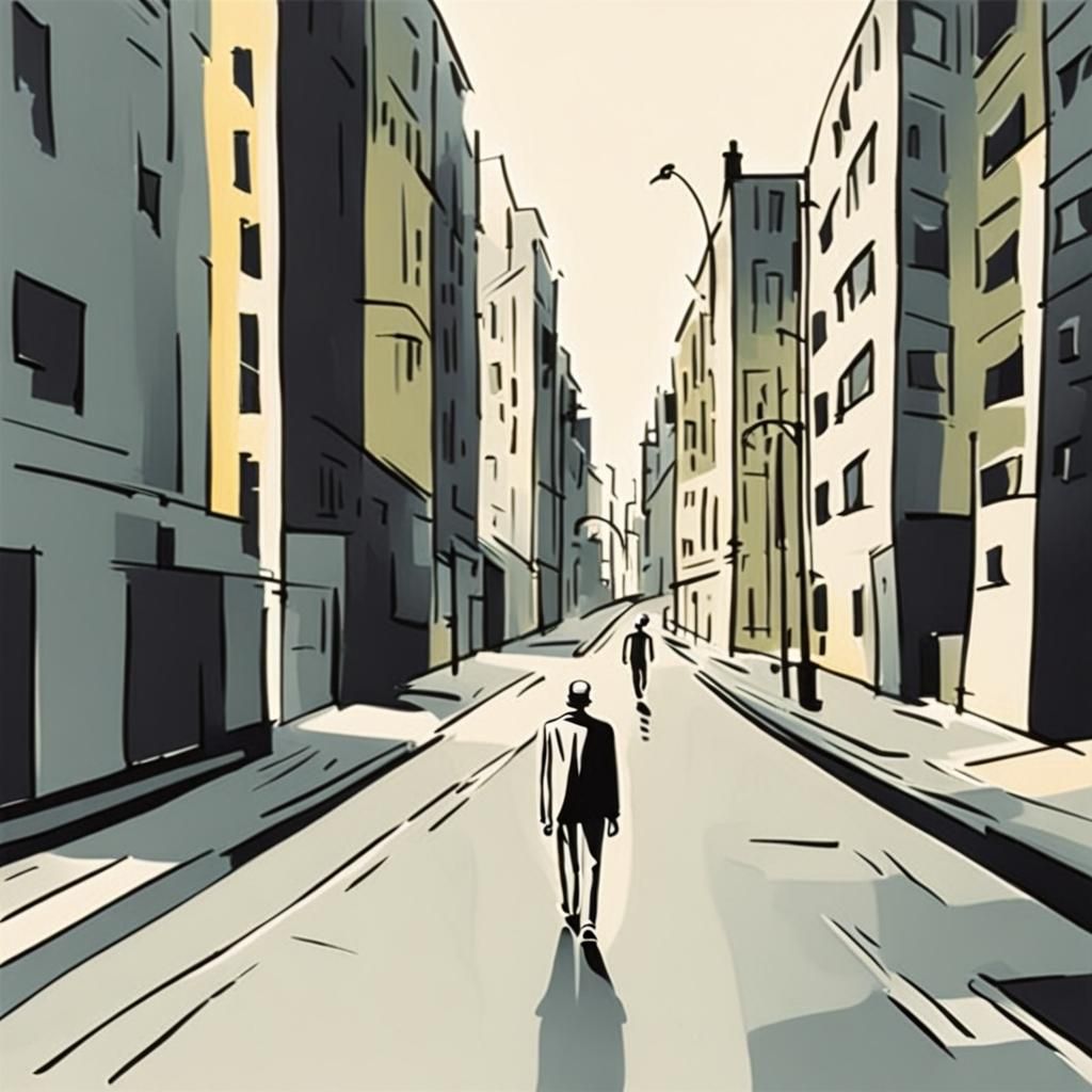 Man Walking in City, Illustrative Style