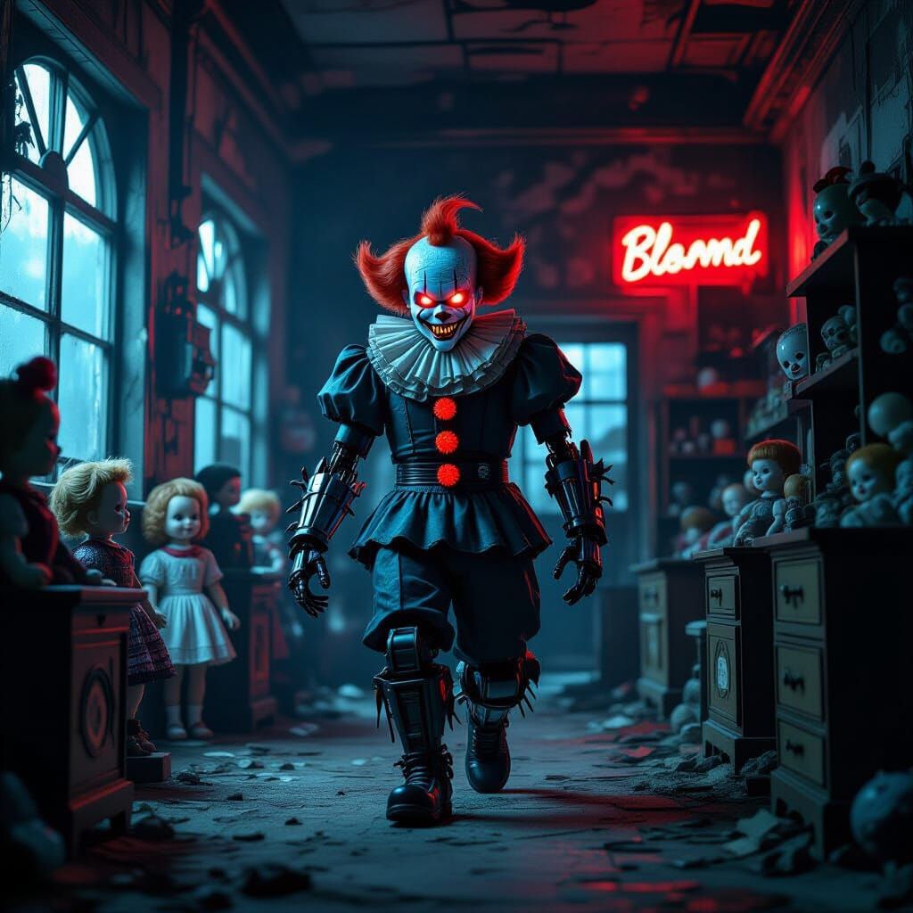 Sinister Clown Cyborg in Abandoned Cyberpunk Toyshop