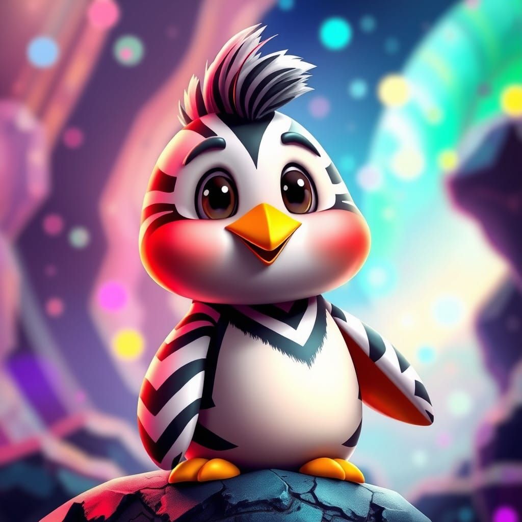 Surreal Zebra-Striped Penguin in a Vibrant Fantasy World