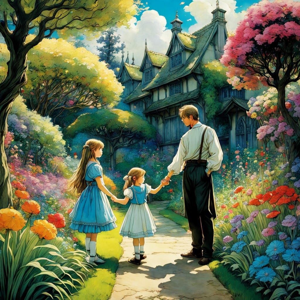 Father and Daughters in a Whimsical Garden Scene, Inspired b...