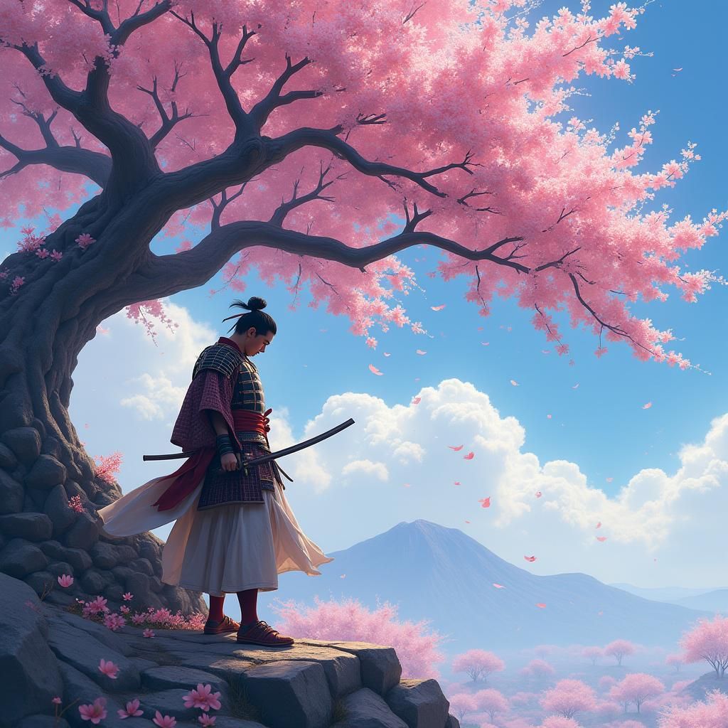 Samurai Under Cherry Tree: Fantasy Matte Painting