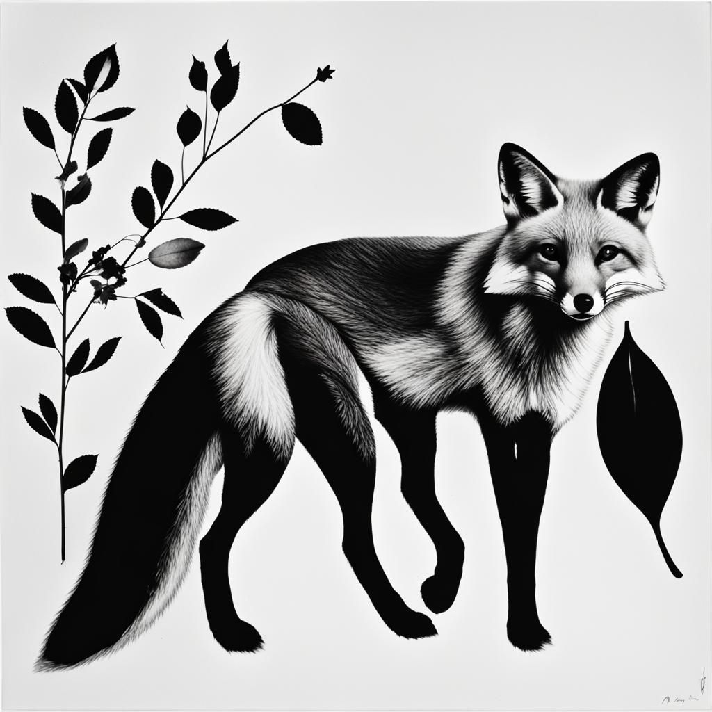 Fox Photogram in Surrealist Style with Flowers