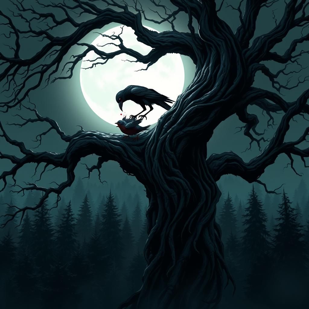 Macabre Tree Scene with Crow, in Vector Art Style