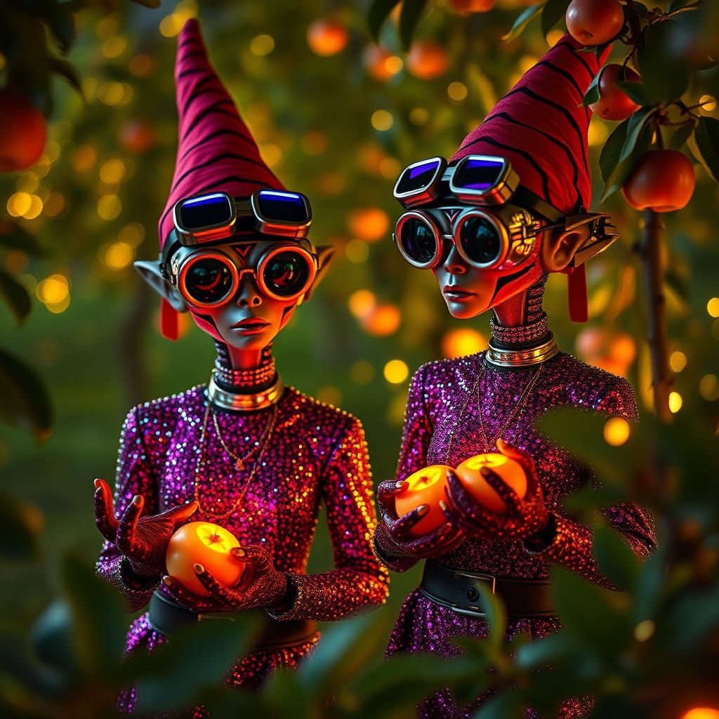 Ethereal Gnome Aliens Pick Glowing Apples Under Starry Night...