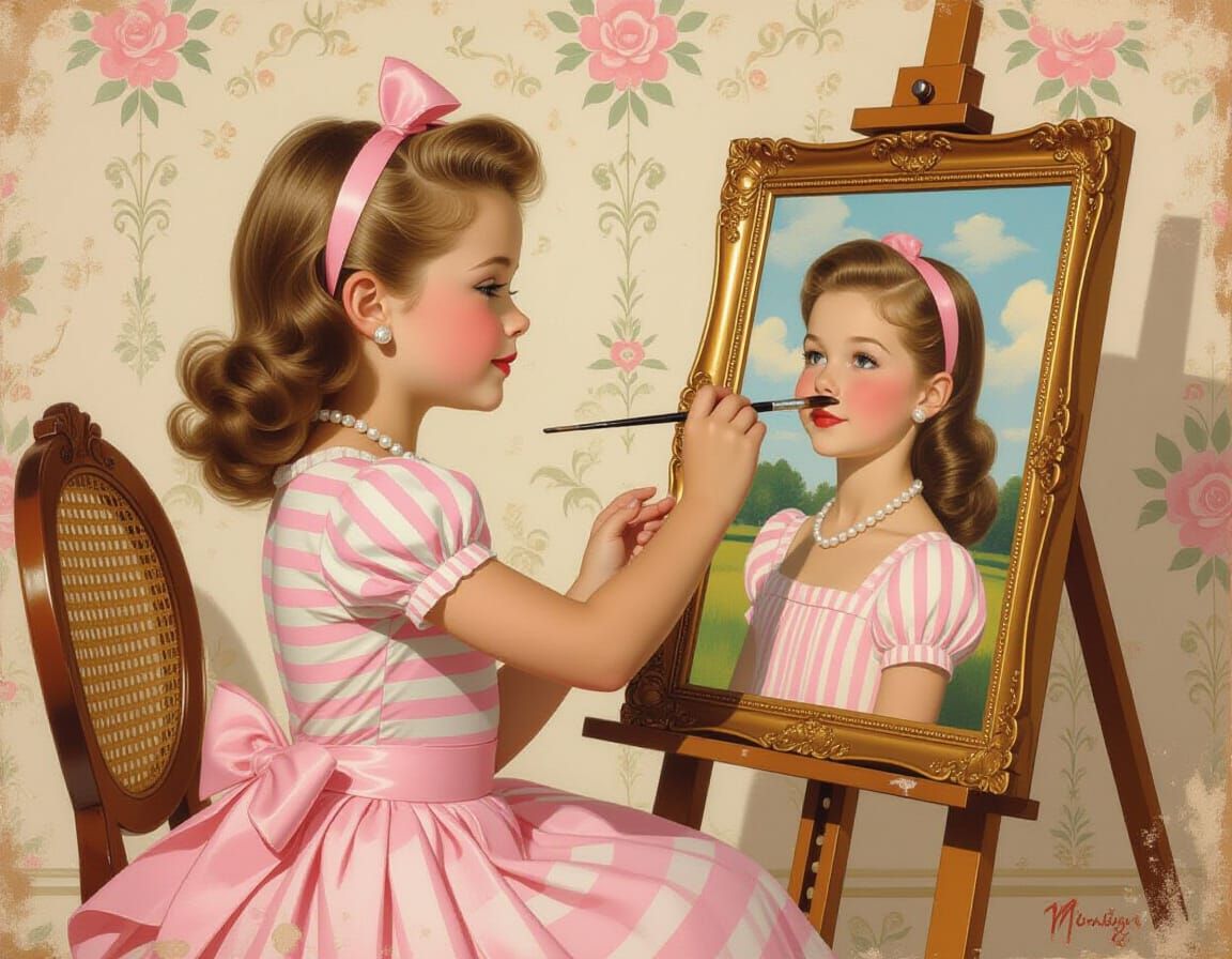 Elegant Girl Painting Portrait in Nostalgic Vintage Style