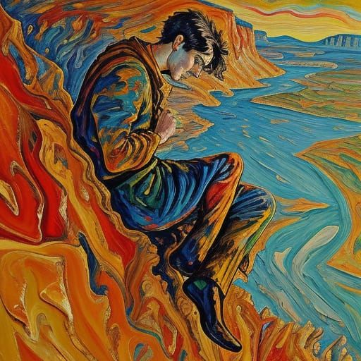 Angel on Cliff in Expressive Painting Style