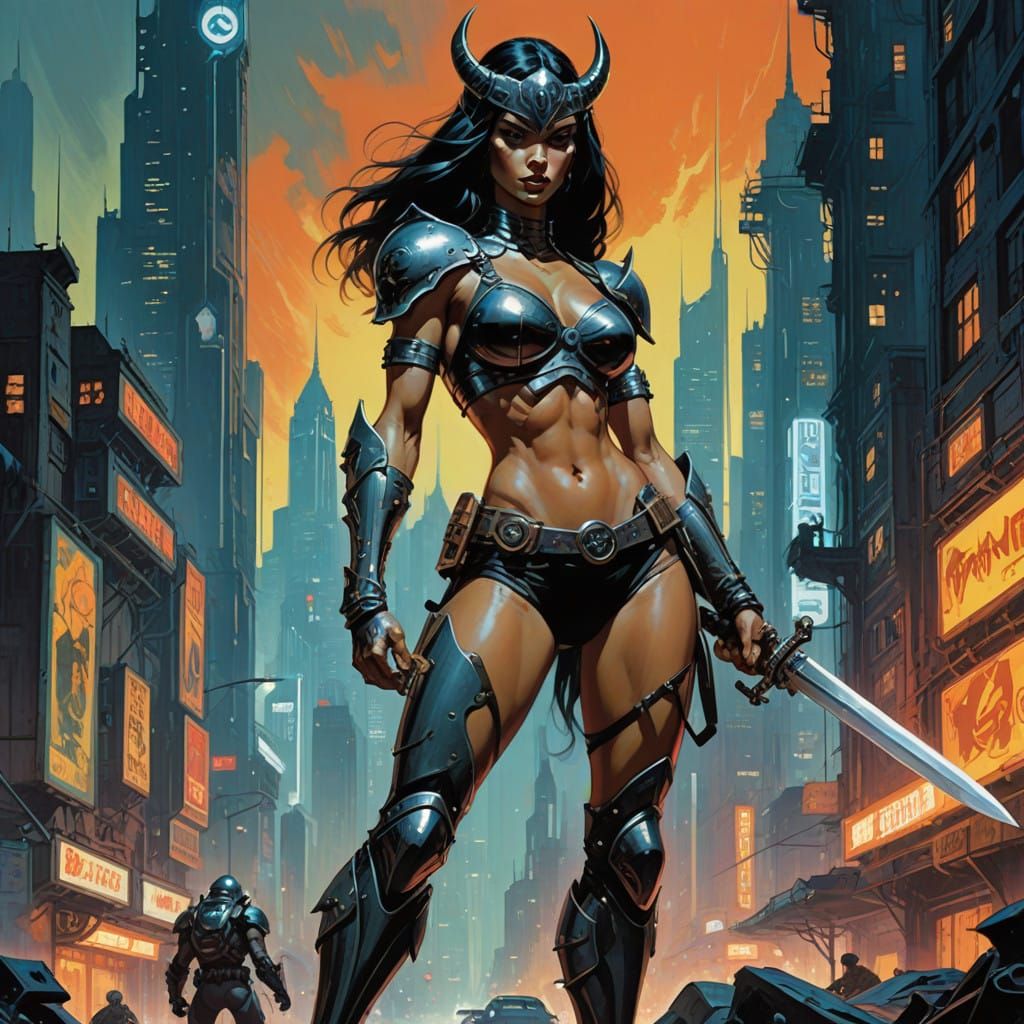 Cyberpunk Warrior in Futuristic Dystopian City